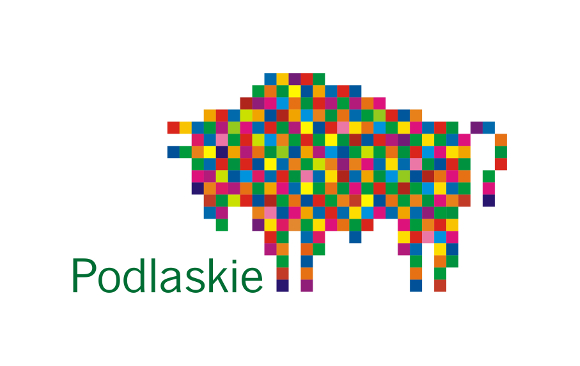 Logo Województwa Podlaskiego - żubr z kolorowych kwadratów i napis podlaskie